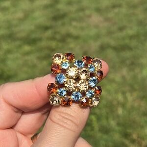 Vintage Austrian Gold-Tone Pin Brooch Orange & Blue Rhinestones.